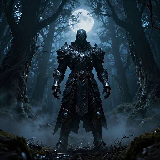 Digital art: Dark armored warrior with glowing helmet stands in misty, moonlit forest, surrounded by tall, shadowy trees. Eerie, mysterious