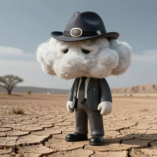 CGI image of a sad, cloud-shaped character in a black suit and hat, standing in a dry, cracked desert under a blue sky.