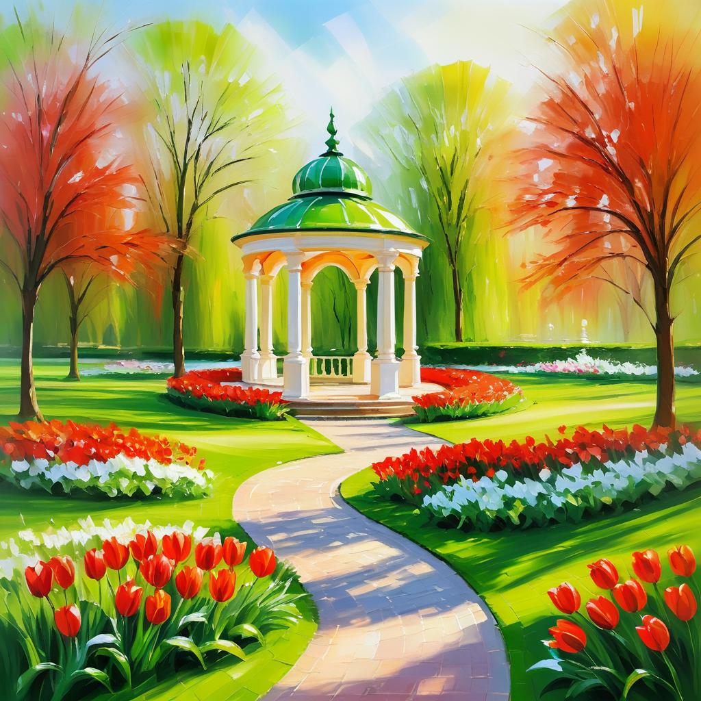 Spring Impressionism: Tulips and Gazebo