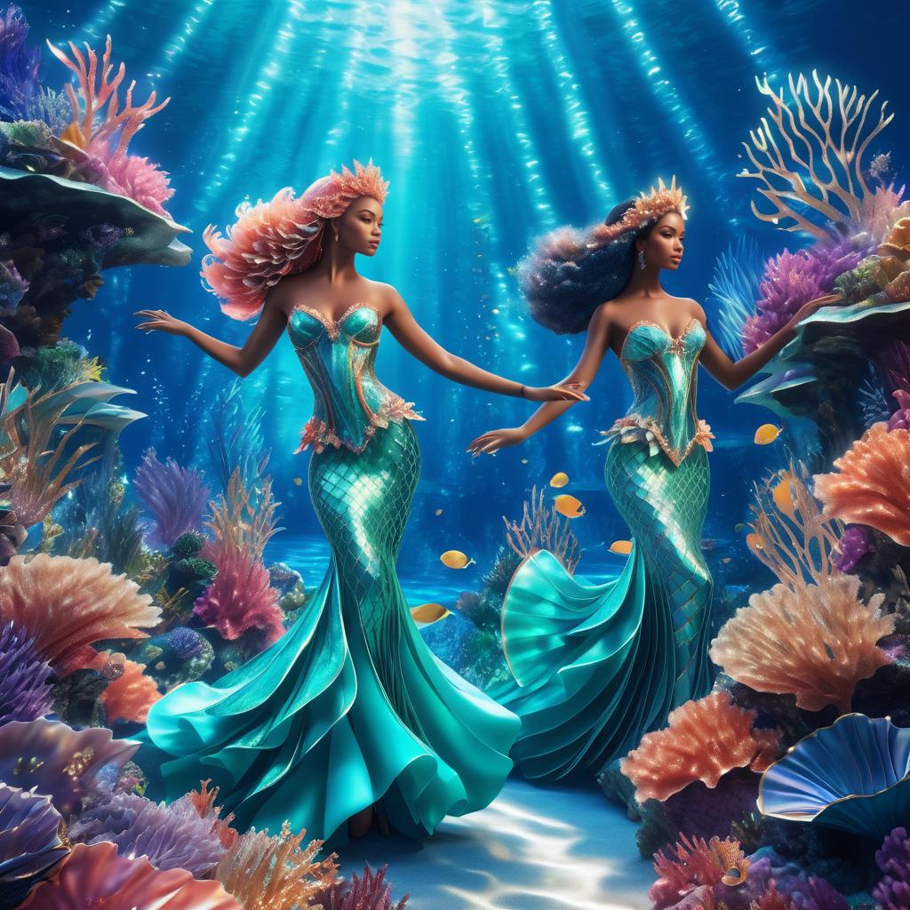 Elegant Mermaids Amidst a Coral Reef