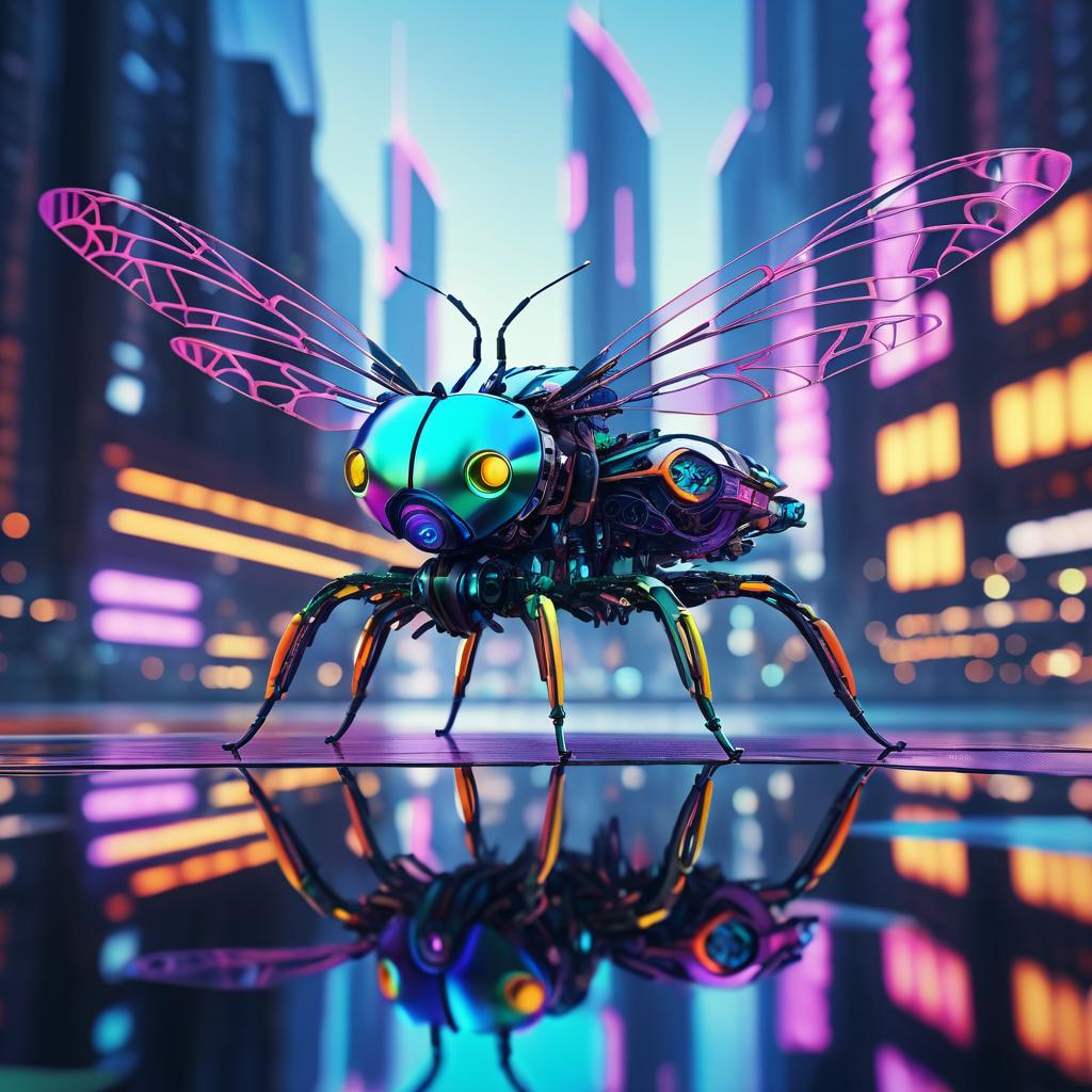 Futuristic Dragonfly Robot in Cyberpunk City