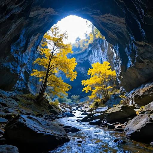 Photograph of a cave opening revealing a bright sky, illuminated by vibrant yellow trees, with a flowing stream and rocky terrain.