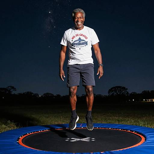 Photograph of a smiling Black man with short gray hair, wearing a white T-shirt, black shorts, and sneakers, jumping on a blue trampoline