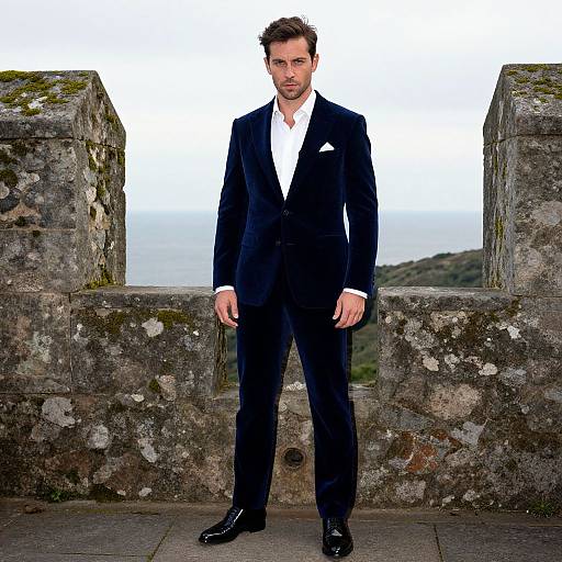 Photograph of a handsome man in a dark blue suit, white shirt, and black shoes, standing in front of a mossy stone wall.
