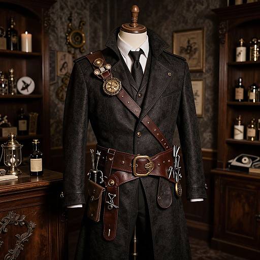 Photograph of a Victorian-style mannequin in a dark, textured overcoat with leather straps, brass buttons, and a large belt, displayed in
