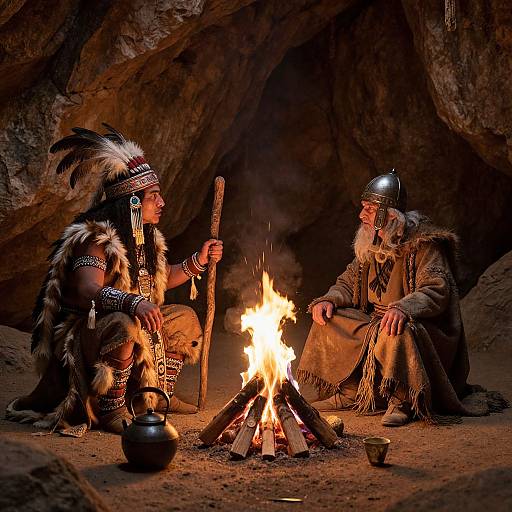 Photograph of two Native American warriors with feathered headbands, fur robes, and metal helmets, sitting around a campfire in a cave.