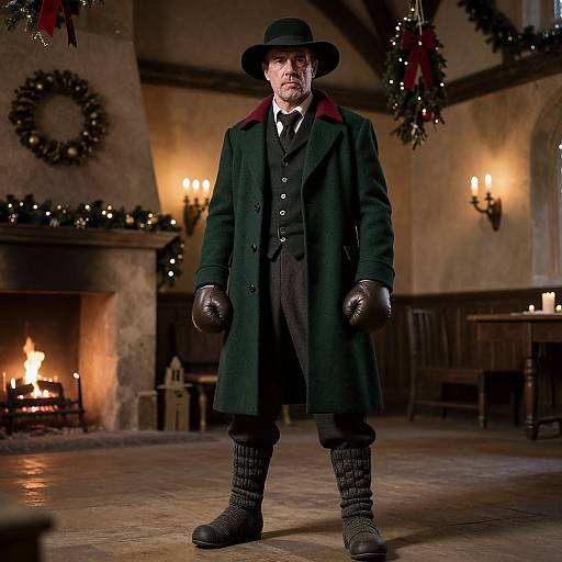 Photograph of elderly man in Victorian-style black coat, hat, gloves, and boots, standing in warmly lit, festive, wood-paneled room with