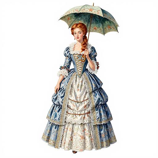 Digital illustration of a red-haired woman in a blue, lace-trimmed Victorian dress, holding a floral-patterned umbrella, standing against a white background