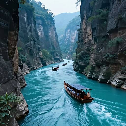 Photograph of a turquoise river winding through a narrow, misty canyon with towering, rocky cliffs and lush greenery. Traditional wooden boats with passengers navigate