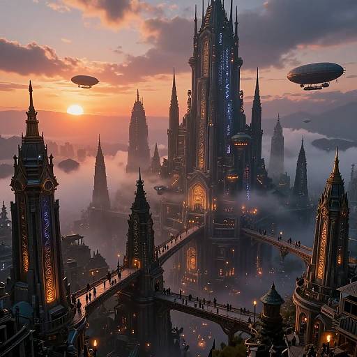 Digital fantasy artwork of a grand, Gothic-style city at sunset, with illuminated spires, mist, flying zeppelins, and vibrant orange-p