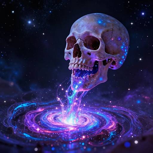 Photorealistic digital artwork of a glowing, luminescent skull with dark eye sockets and teeth, spouting blue and purple energy into a swirling,