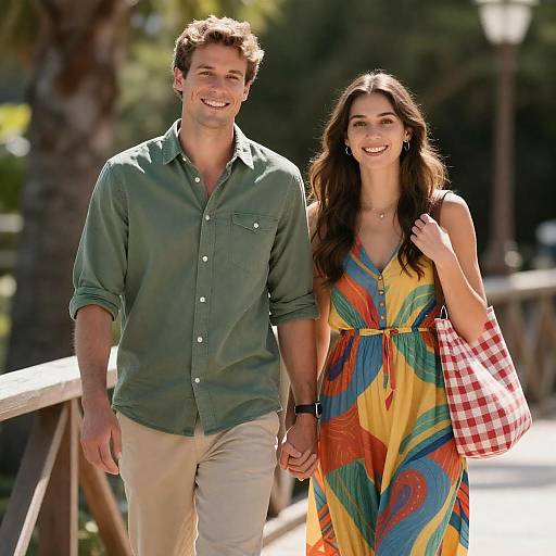 Smiling Couple Holding Hands Outdoors