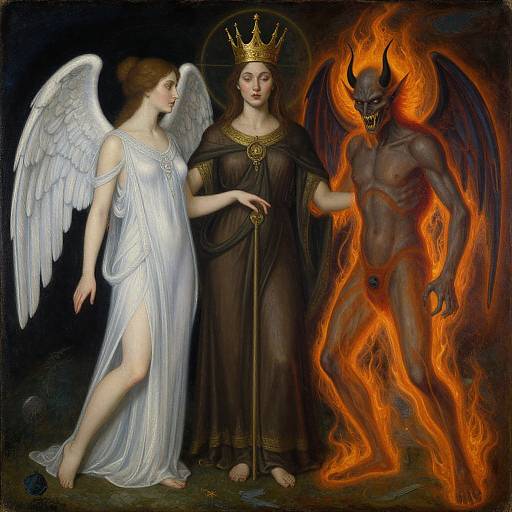 Digital painting: Angelic woman in white gown, crowned queen in dark robe, and fiery demon with horns stand against dark background.