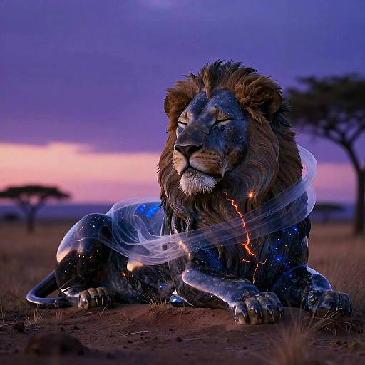 Digital artwork of a majestic lion with a cosmic aura, glowing with star-like patterns and light, set against a purple-orange sunset in an African savanna
