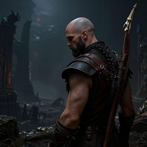 Photograph-style CGI: Muscular bald man with beard, wearing dark leather armor and holding a sword, stands in a foggy, ruins-filled dyst