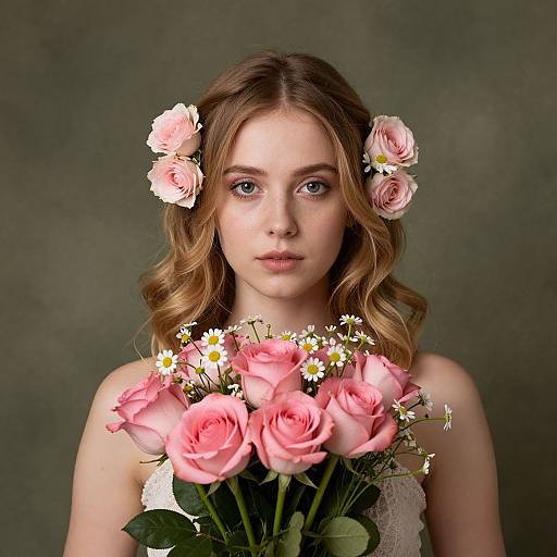 Young Woman with Floral Bouquet Portrait