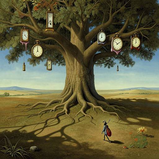 Digital illustration of a giant tree with multiple clocks on branches, a small clock-wearing figure in red cape below, and a sunflower in foreground.