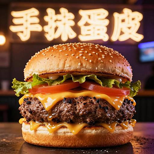 Photograph of a juicy cheeseburger with melted cheddar, lettuce, tomato, and sesame seed bun, illuminated by blurred neon Japanese text.