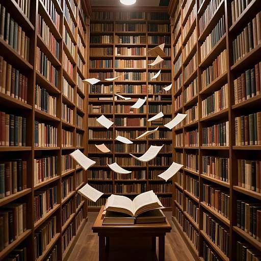 Photograph of a library aisle with wooden bookshelves filled with books, illuminated by overhead light; numerous white papers float magically through the air from a