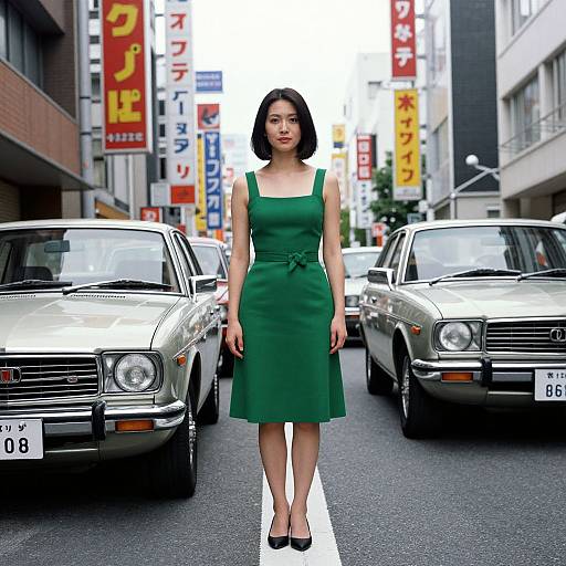 Photograph of an Asian woman with a bob haircut, wearing a green dress and black heels, standing in a busy urban street flanked by vintage silver