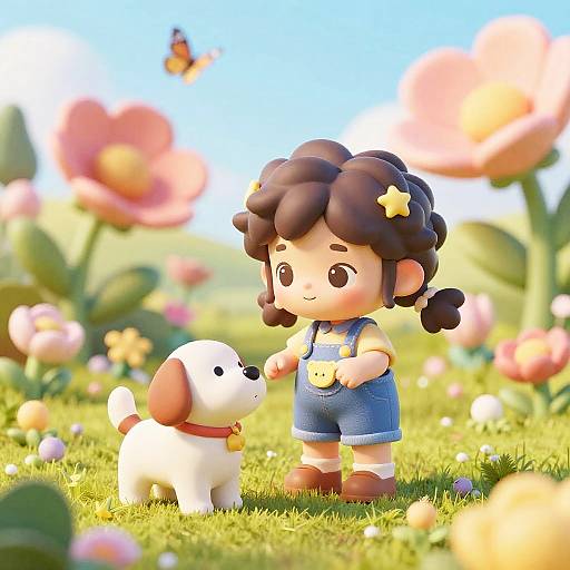 3D Girl Playing with Puppy in Garden