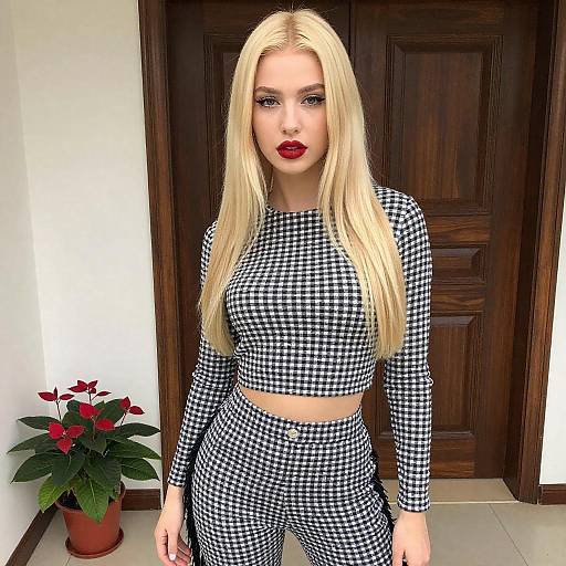 Blonde Woman in Checkered Outfit