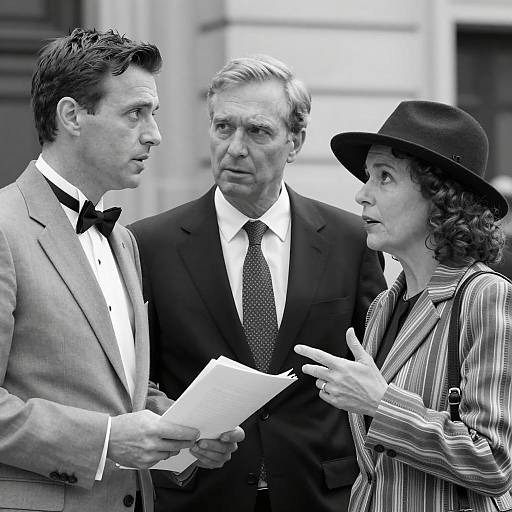 Black and White Photo of Three People in Formal Attire Discussing