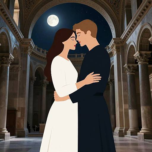 Digital artwork of a romantic night scene: a man and woman, illuminated, share a tender kiss in an ornate, moonlit courtyard with arched