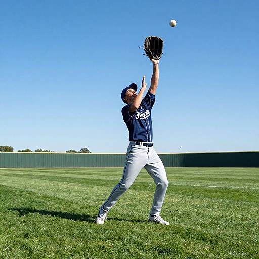 Photograph of a male baseball player in navy jersey and white pants, catching a ball mid-air on a sunny, grassy field. Blue sky background