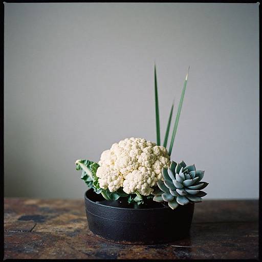 Photograph of a minimalist floral arrangement with white chrysanthemums, blue succulent, and green leaves in a black pot on a rustic wooden