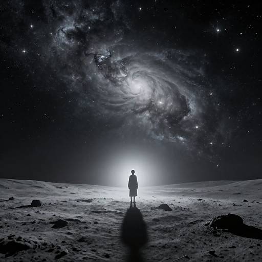 Silhouetted figure in space suit stands on moonlit, rocky surface, gazing at swirling galaxy and bright stars in night sky.