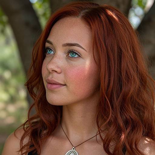Photograph of a fair-skinned, red-haired woman with striking blue eyes, freckles, and wavy hair, wearing a simple necklace,