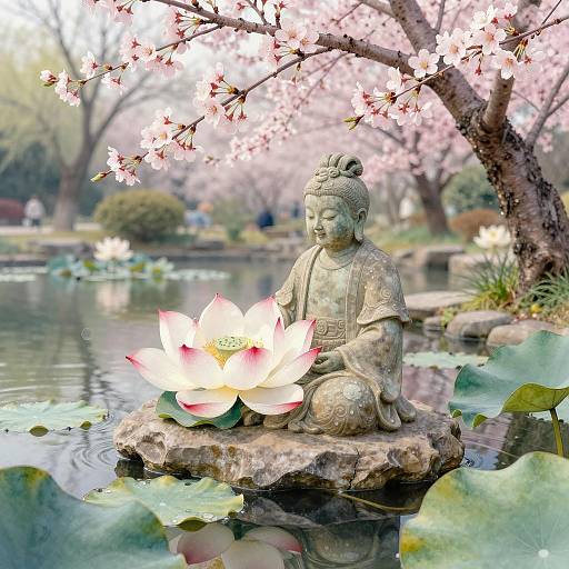 Tranquil Lotus Pond Statue in Spring