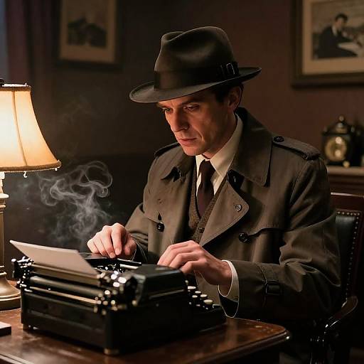 Photograph of a serious man in a brown trench coat and fedora, typing on a smoky typewriter in a dimly lit, vintage office