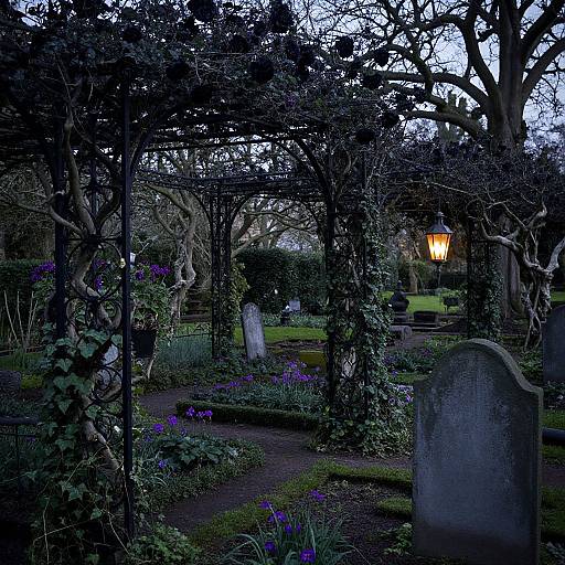 Photograph of a dimly lit, eerie garden with twisted trees, ivy-covered arches, purple flowers, and old gravestones, illuminated