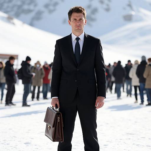 Serious Man in Suit on Snowy Mountain