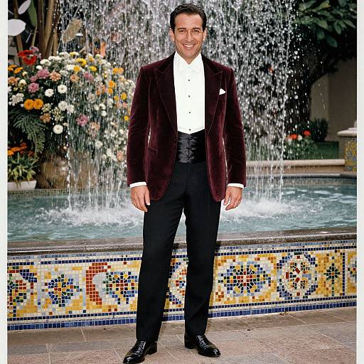 Elegant Man in Burgundy Velvet Tuxedo