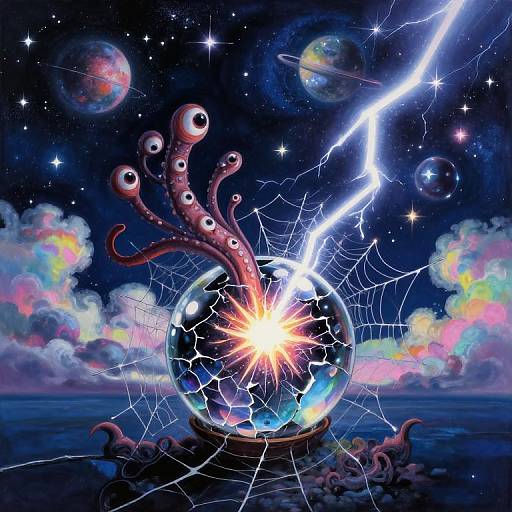 Digital artwork of a glowing, cracked glass orb with octopus tentacles, lightning bolt, and cosmic background with colorful planets and stars.