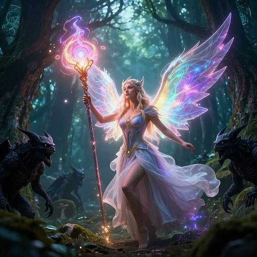 Digital fantasy artwork of a glowing, ethereal fairy queen with iridescent wings, holding a fiery staff, surrounded by dark forest creatures.