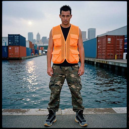 Photograph of a serious, muscular man with short black hair, wearing an orange safety vest, camouflage pants, and sneakers, standing on a waterfront with