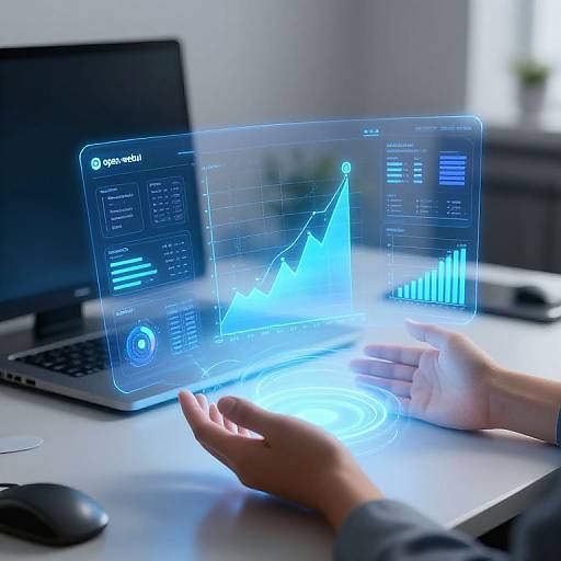 Photograph of hands hovering over glowing blue virtual data screens on a white desk, with a laptop and mouse in the background.