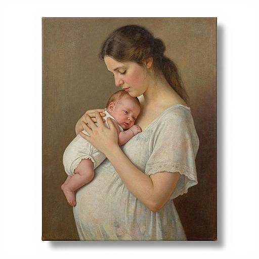 Photorealistic painting of a brown-haired woman in a white, lace-trimmed dress, gently cradling a sleeping baby against a brown textured