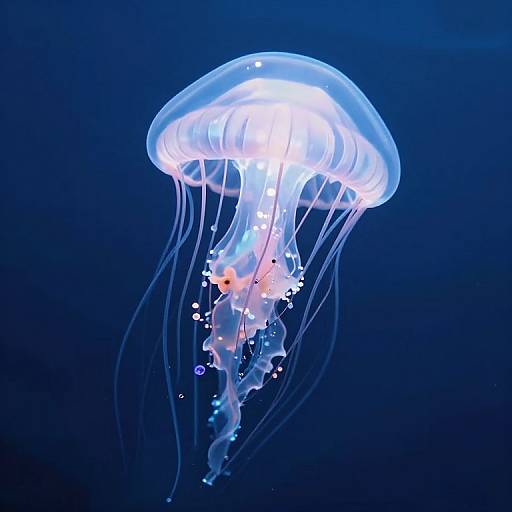 Photograph of a glowing, translucent jellyfish with white and pink accents, floating in a deep blue ocean background.