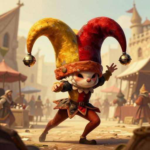 CGI image of a playful, anthropomorphic jester with a red and yellow jester hat, black outfit, and red gloves, striking a dynamic