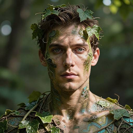 Photograph of a young man with green leaf and vine patterns on his face and shoulders, standing in a forest, with intense blue eyes, dark hair