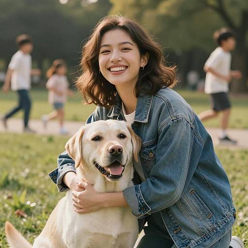 Young Woman Hugging Labrador Dog in Park