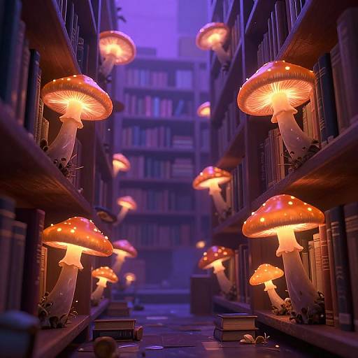 Cyberpunk Library with Glowing Mushrooms