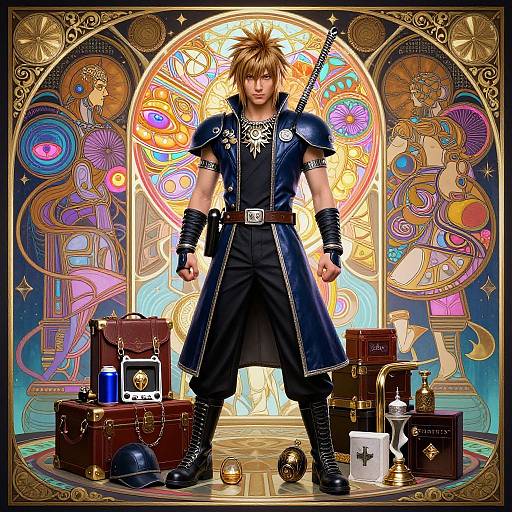Digital art of a spiky-haired, blue-coated anime character with black wristbands, standing before a vibrant, ornate stained-glass background and