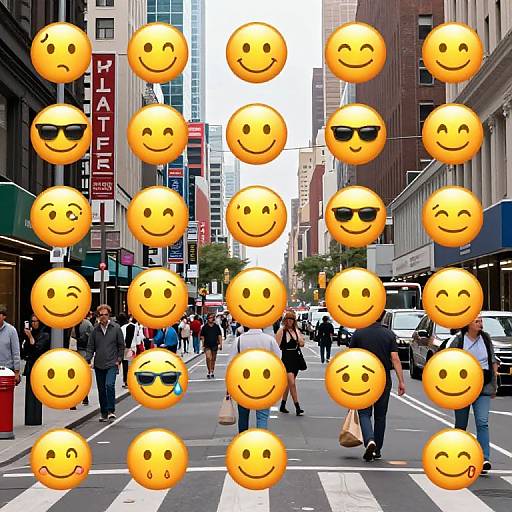 Photograph of a busy city street with smiley face emojis overlaying it, featuring various expressions like sunglasses and wink.