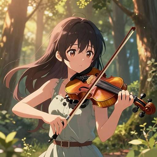 Anime-style digital illustration of a young woman with long black hair, playing a violin in a sunlit forest. She wears a sleeveless green dress,